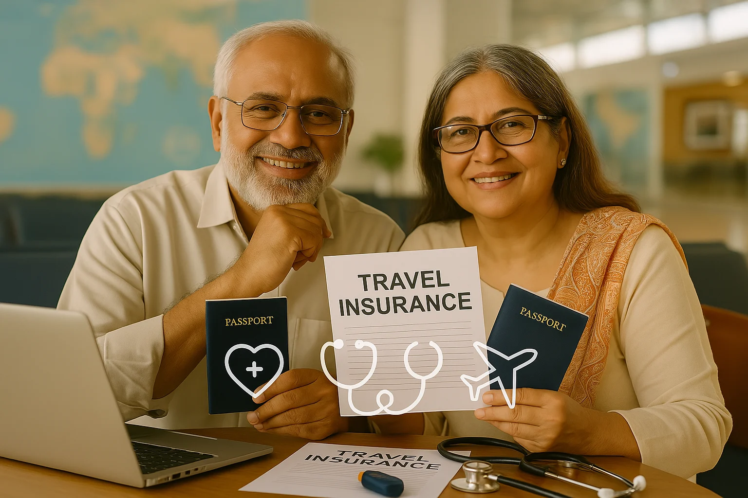 Smiling senior couple at the airport holding passports and travel insurance papers, symbolizing safe travel for elderly parents with proper medical coverage.