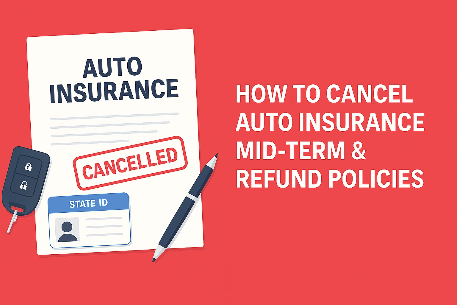 Blog banner showing a canceled auto insurance form with red "CANCELLED" stamp, car key, and pen on red background. Text overlay reads “How to Cancel Auto Insurance Mid-Term & Refund Policies” — ideal for articles on policy cancellation and insurance refunds.