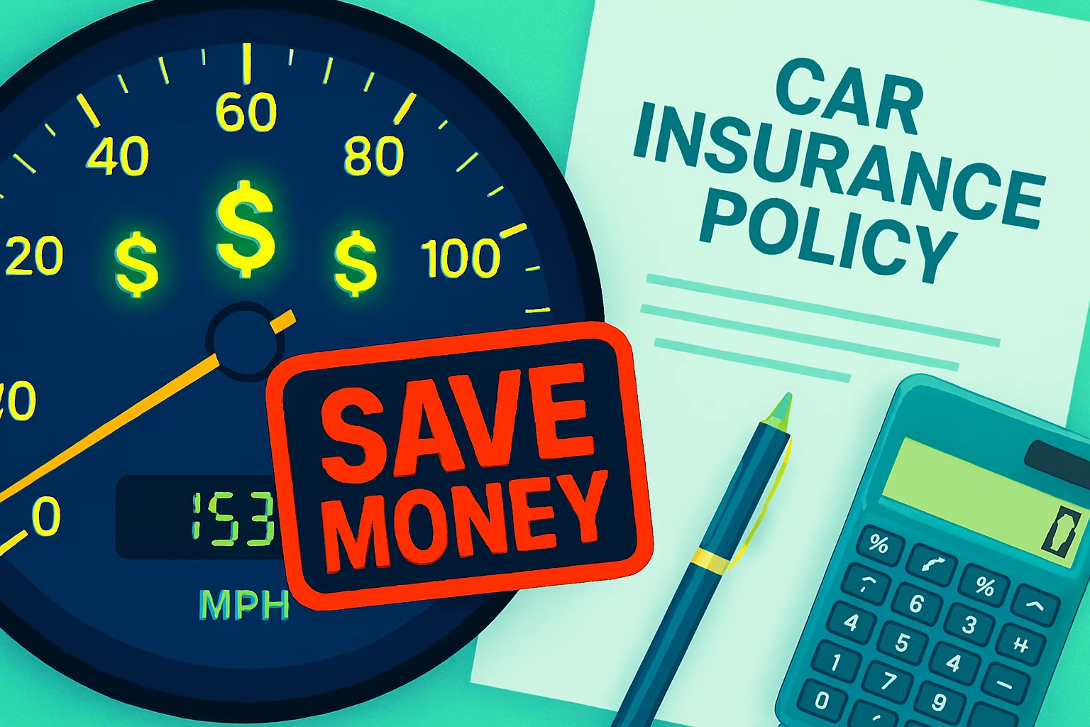 Eye-catching blog thumbnail featuring a car speedometer with low mileage and glowing dollar signs, symbolizing savings. A bold red “SAVE MONEY” stamp overlays the speedometer. On the side, a “Car Insurance Policy” document, pen, and calculator reinforce the theme of affordable auto coverage.