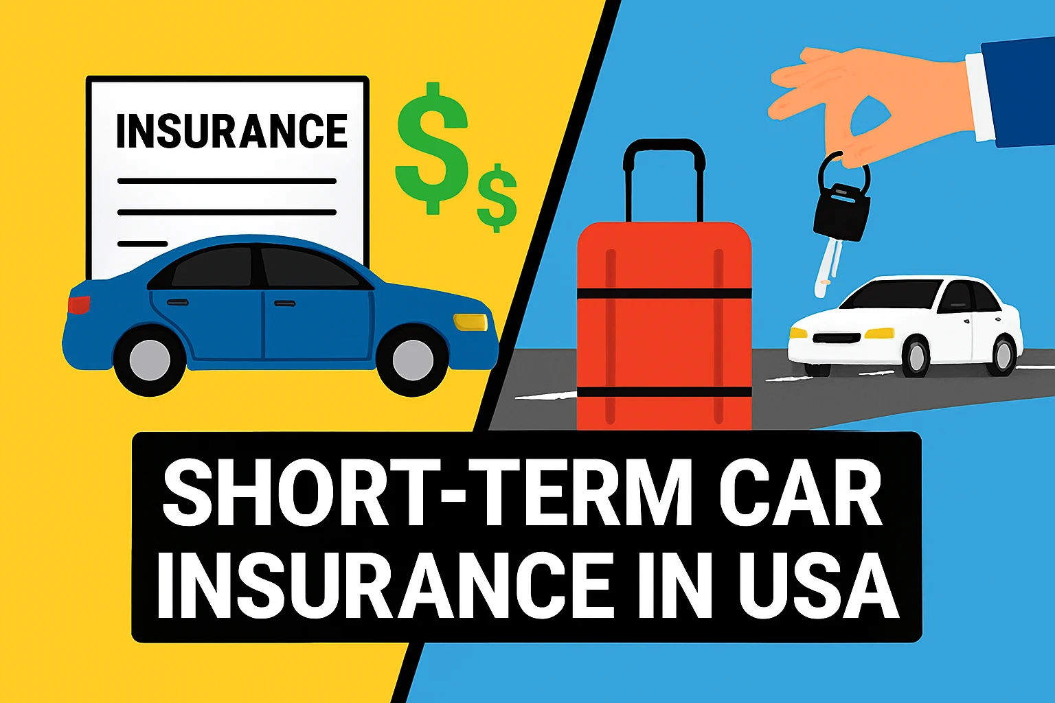 Split-screen thumbnail with bright yellow and blue backgrounds. Left side shows a blue car, insurance document, and green dollar signs. Right side features a red suitcase, white car, and hand holding car keys. Bold white and black text reads ‘Short-Term Car Insurance in USA’. Flat illustration style with high contrast and modern design.